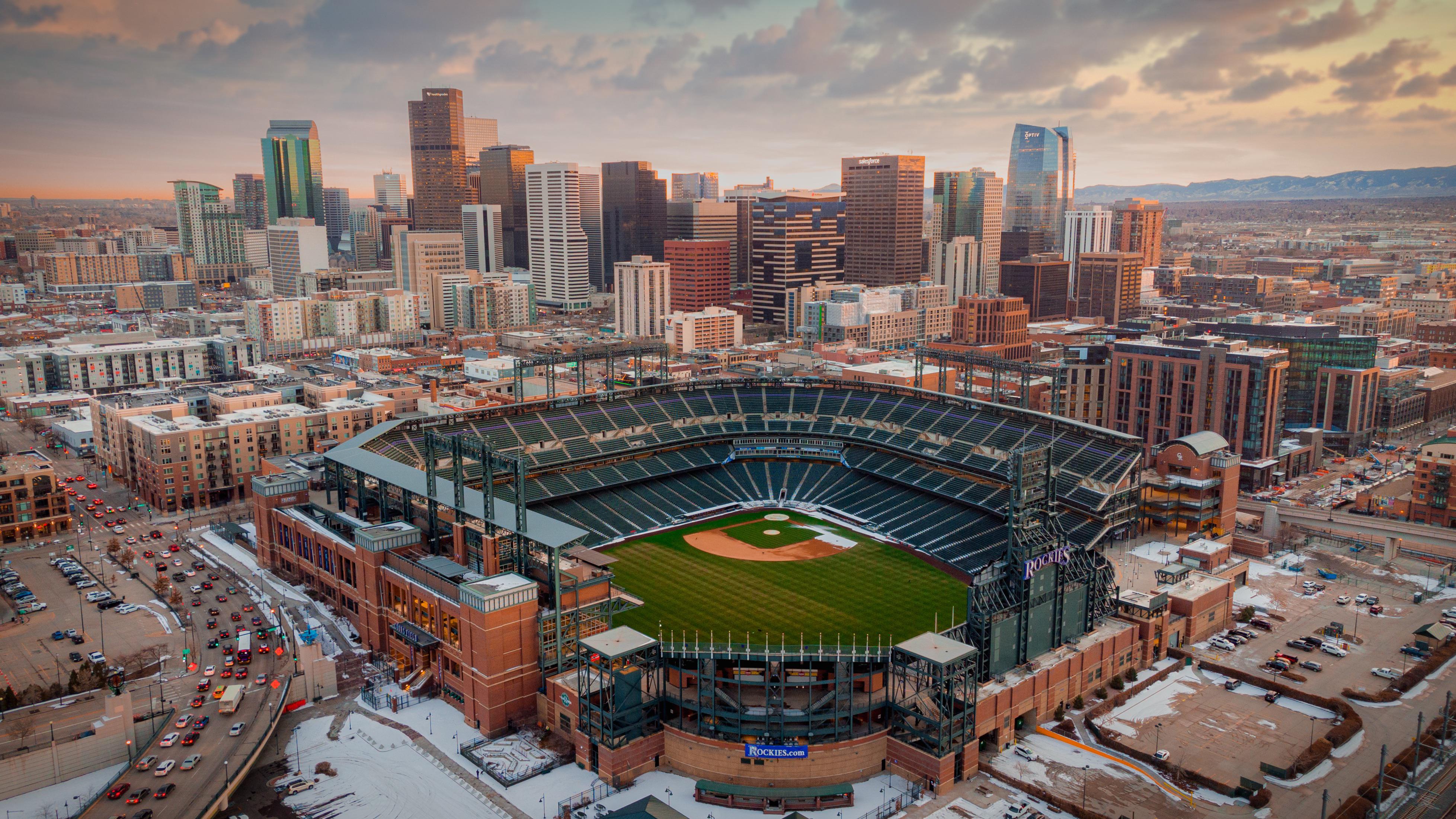 Downtown Denver and Coors Field at golden hour
