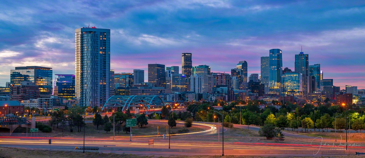 Downtown Denver skyline at twilight
